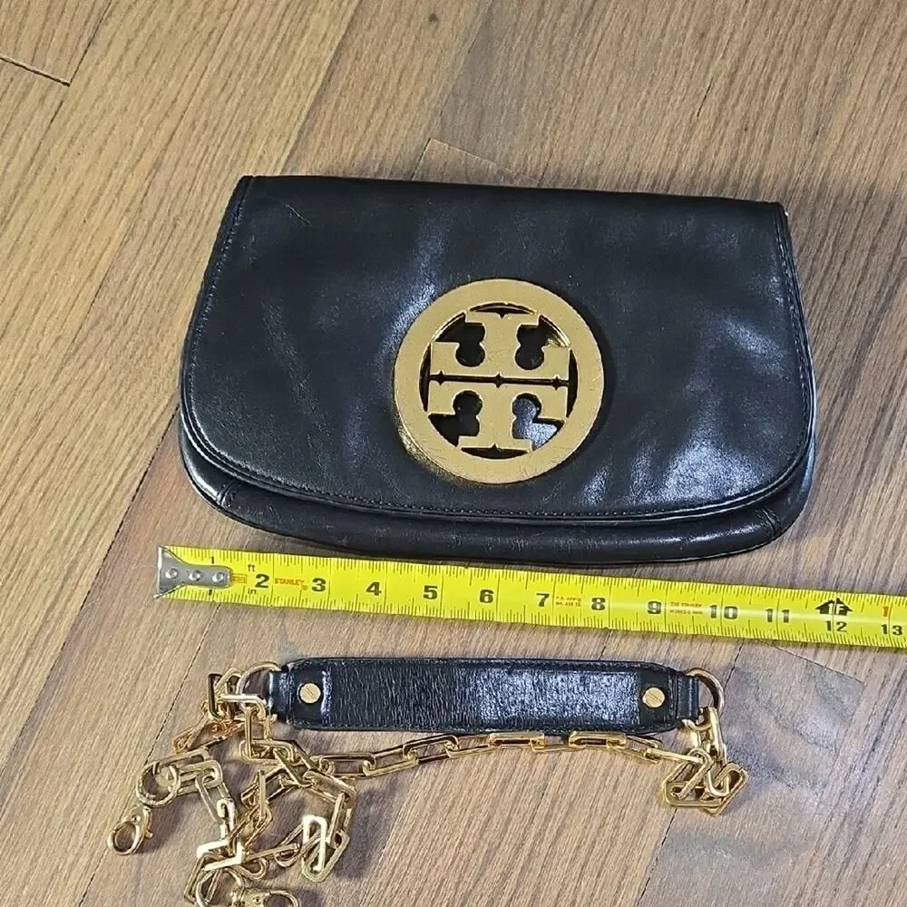 Tory Burch Black Leather Clutch with Gold Crossbody Chain - Picture 12 of 13
